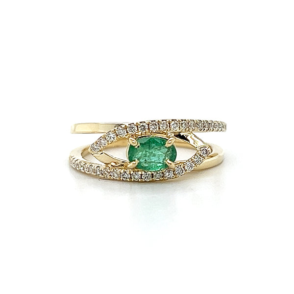 14K Yellow Gold 0.26 Carat Total Weight Diamond and 0.38CT Emerald Ring WJS Custom Set Collection