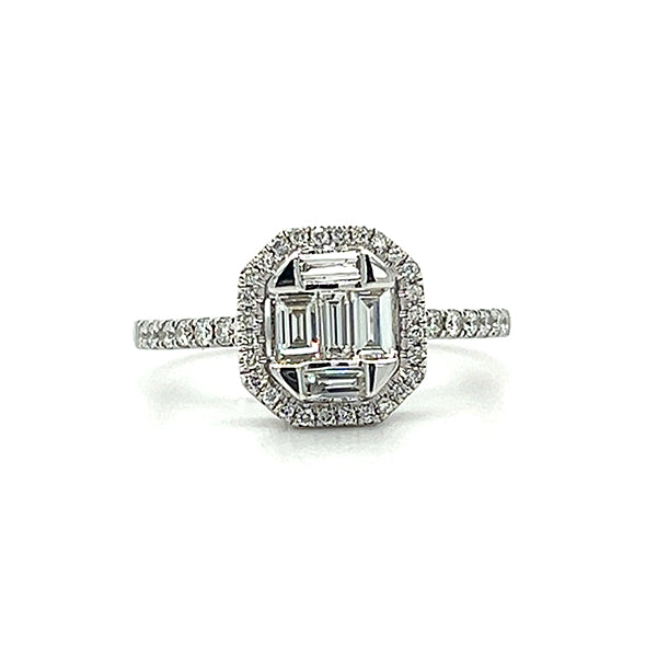14K White Gold 1/2 Carat Total Weight (45) Composite Set Diamond Baguette Octagon Bridal Engagement Ring