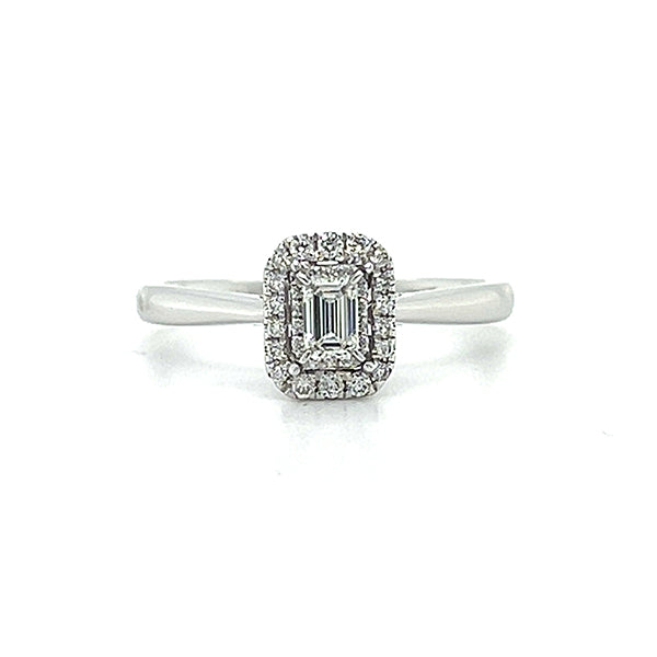 14K White Gold 1/10 Carat Total Weight (32) Diamond with 1/5CT Diamond Center Halo Bridal Engagement Ring