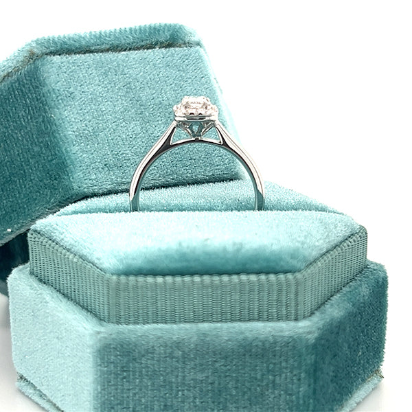 14K White Gold 1/10 Carat Total Weight (32) Diamond with 1/5CT Diamond Center Halo Bridal Engagement Ring
