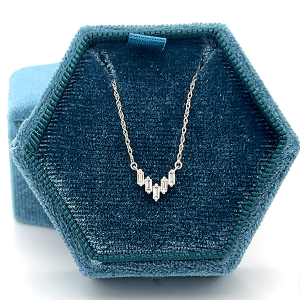 14K White Gold 1/10 Carat Total Weight (5) Diamond Baguette V-Shaped Pendant Necklace on 18" Chain