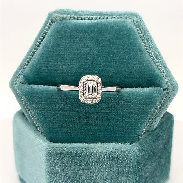 14K White Gold 1/10 Carat Total Weight (32) Diamond with 1/5CT Diamond Center Halo Bridal Engagement Ring