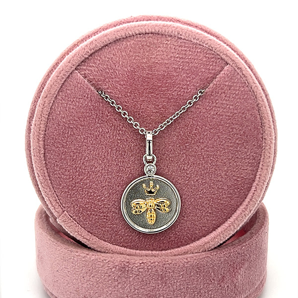 Sterling Silver Gold Plated Crowned Queen Bee Coin Necklace on Adjustable 18-20" Chain