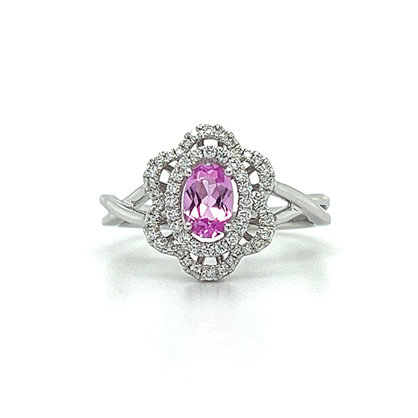 14K White Gold 0.22 Carat Total Weight (56 Brilliant) Diamond and 0.60CT Pink Sapphire Ring WJS Custom Set Collection
