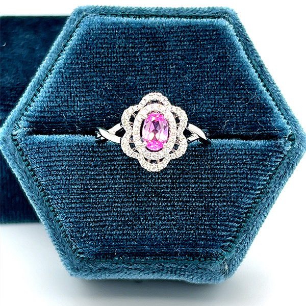 14K White Gold 0.22 Carat Total Weight (56 Brilliant) Diamond and 0.60CT Pink Sapphire Ring WJS Custom Set Collection