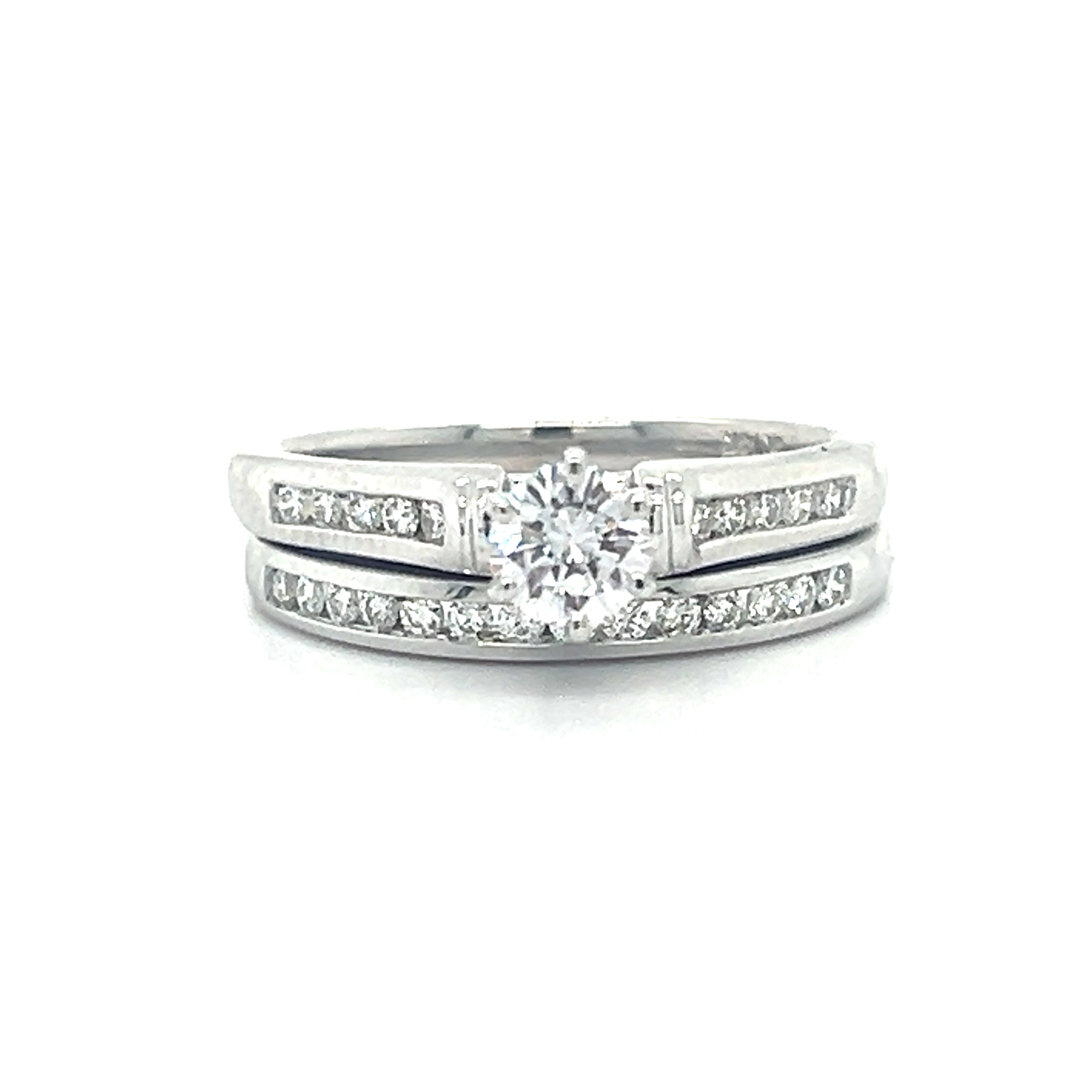 14K White Gold .86 Carat Total Weight, .57CT Brilliant Round FG, SI2 Center, Diamond Bridal Engagement Ring Set