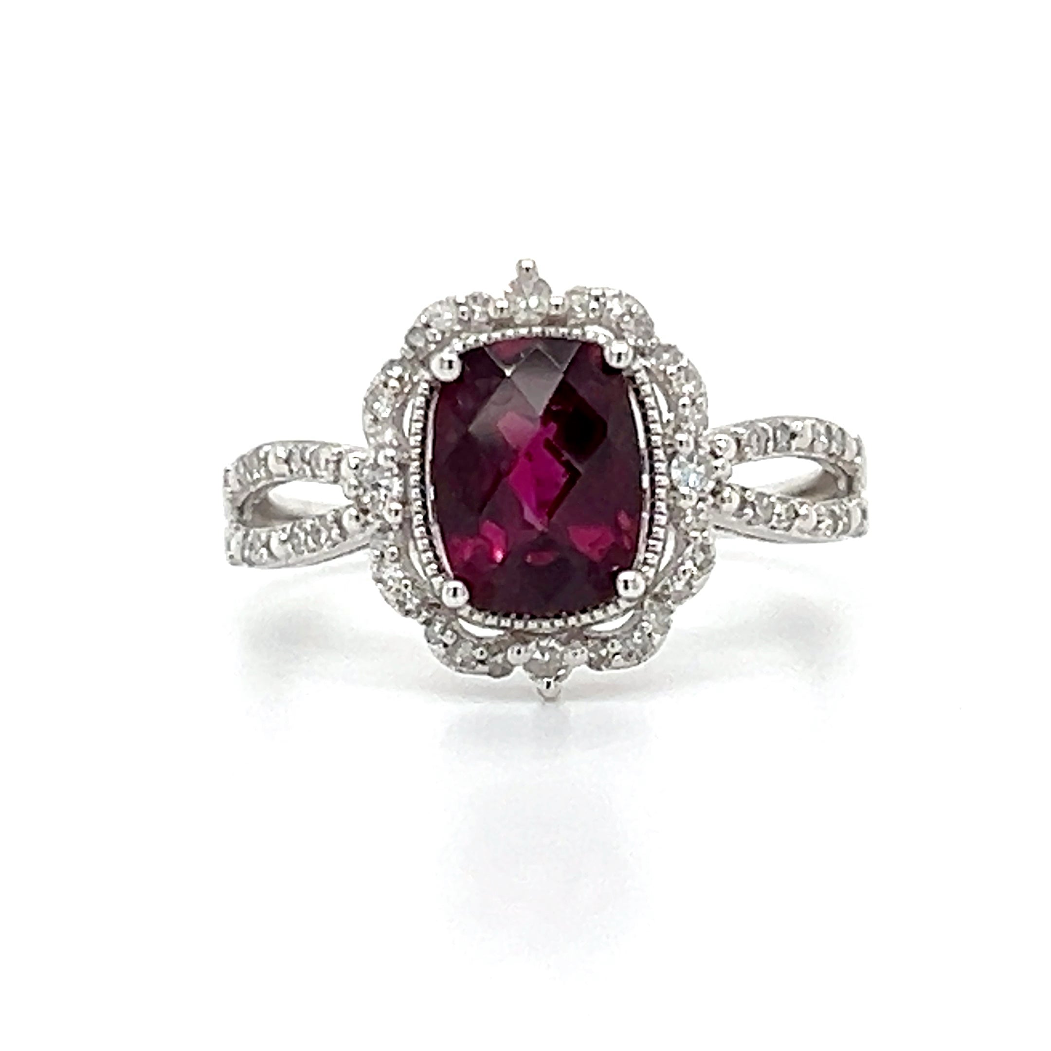 14K White Gold 1.05CT Checkerboard Rhodolite Garnet and .22 Carat Total Weight Diamond Ring