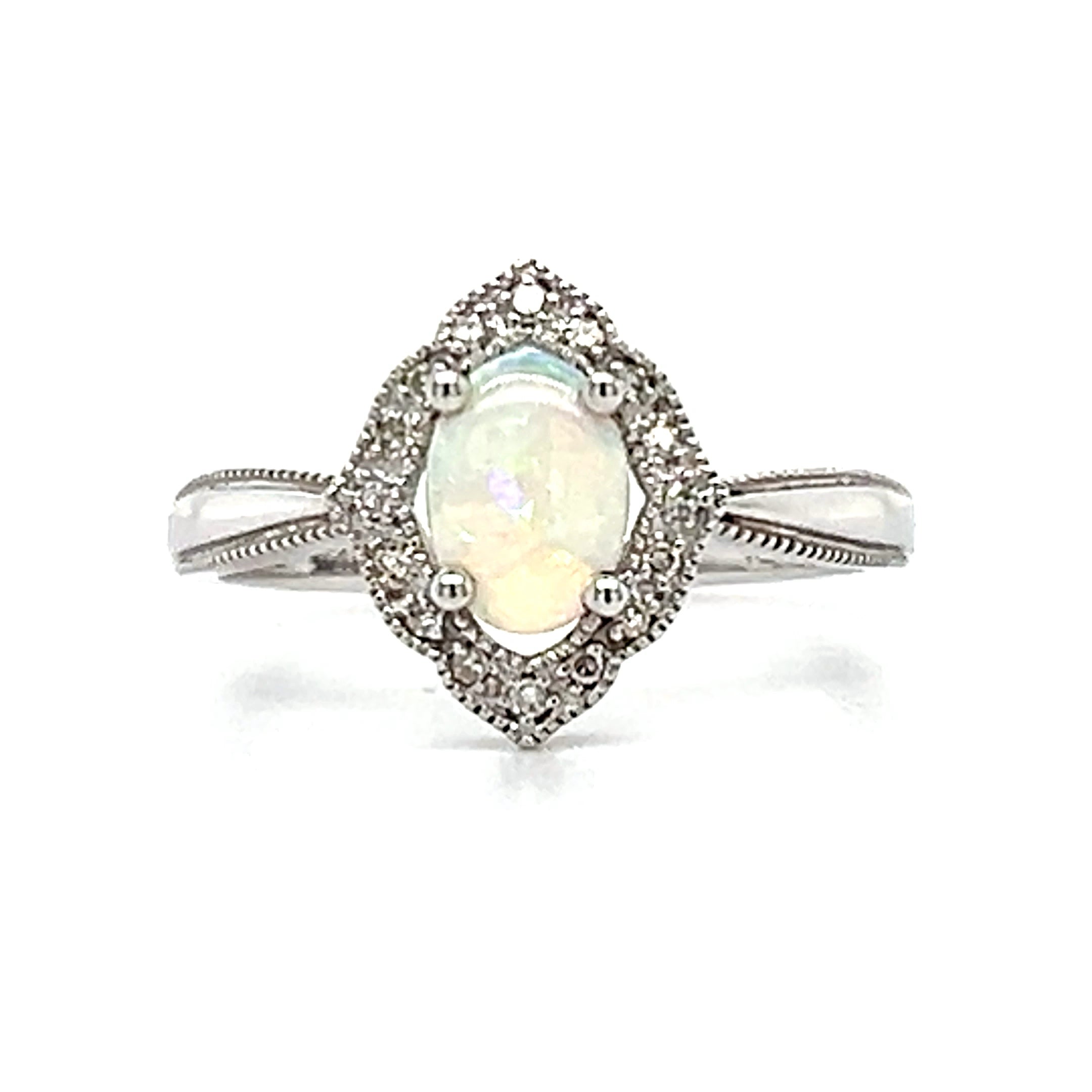 14K White Gold Opal and 0.10 Carat Total Weight Diamond Ring