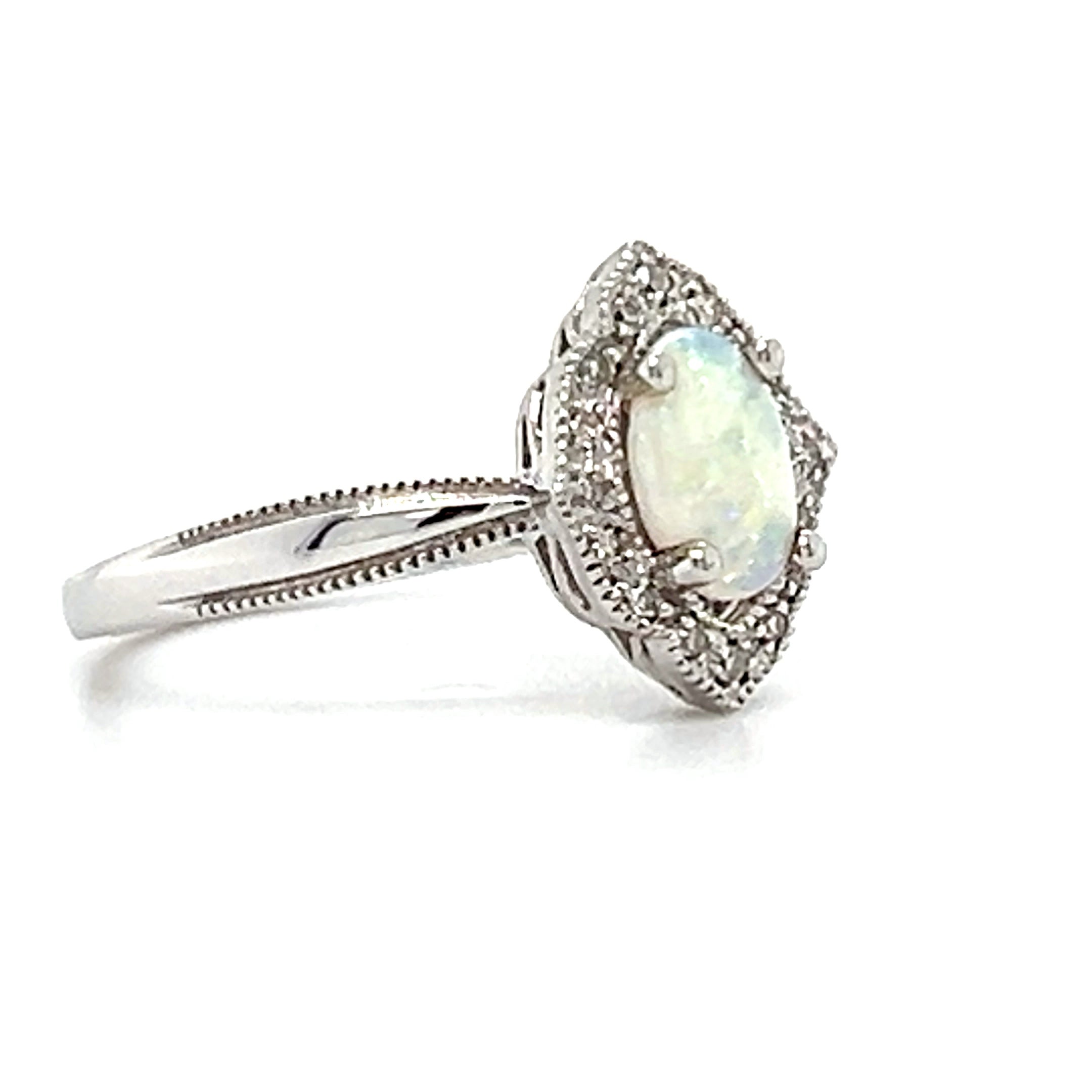 14K White Gold Opal and 0.10 Carat Total Weight Diamond Ring