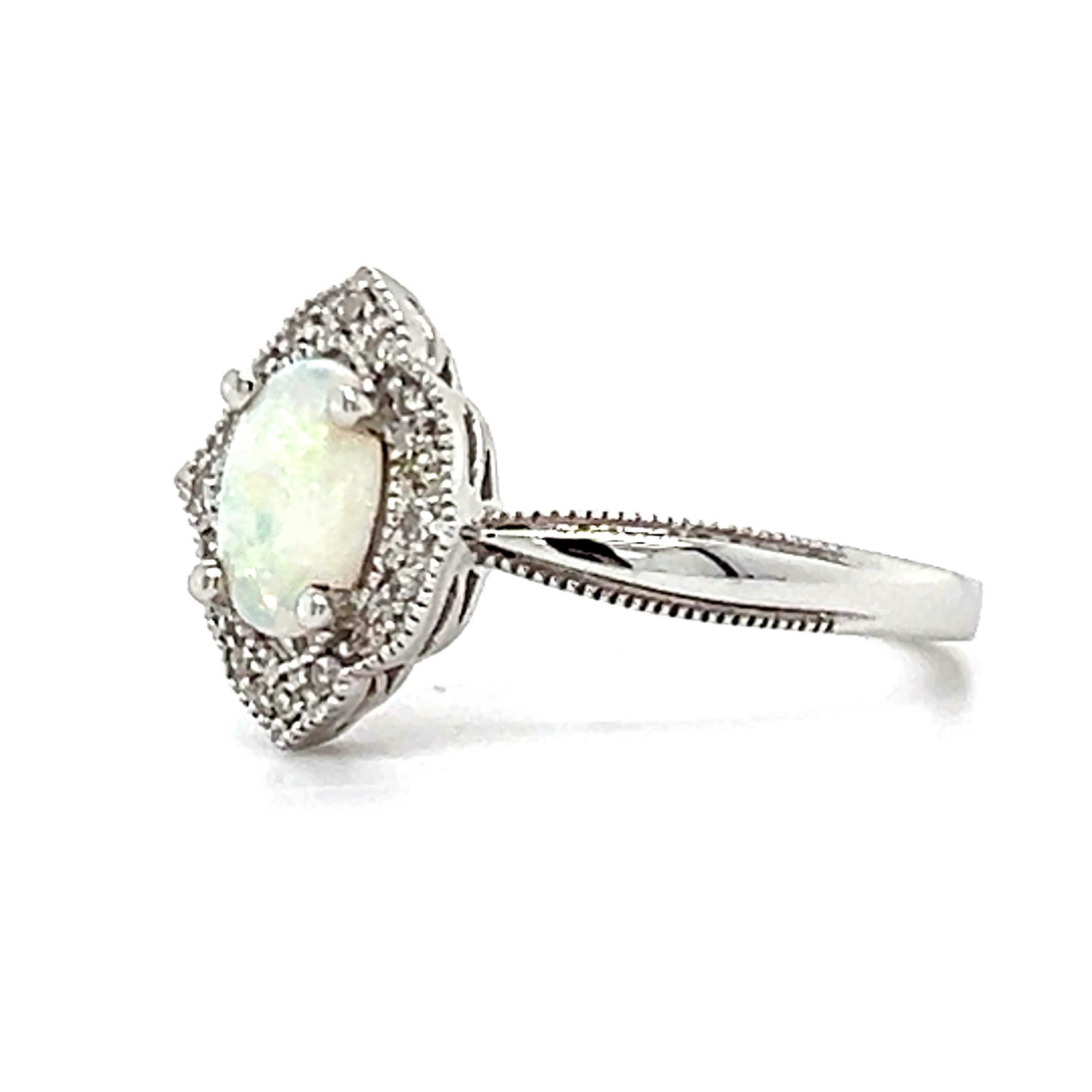 14K White Gold Opal and 0.10 Carat Total Weight Diamond Ring