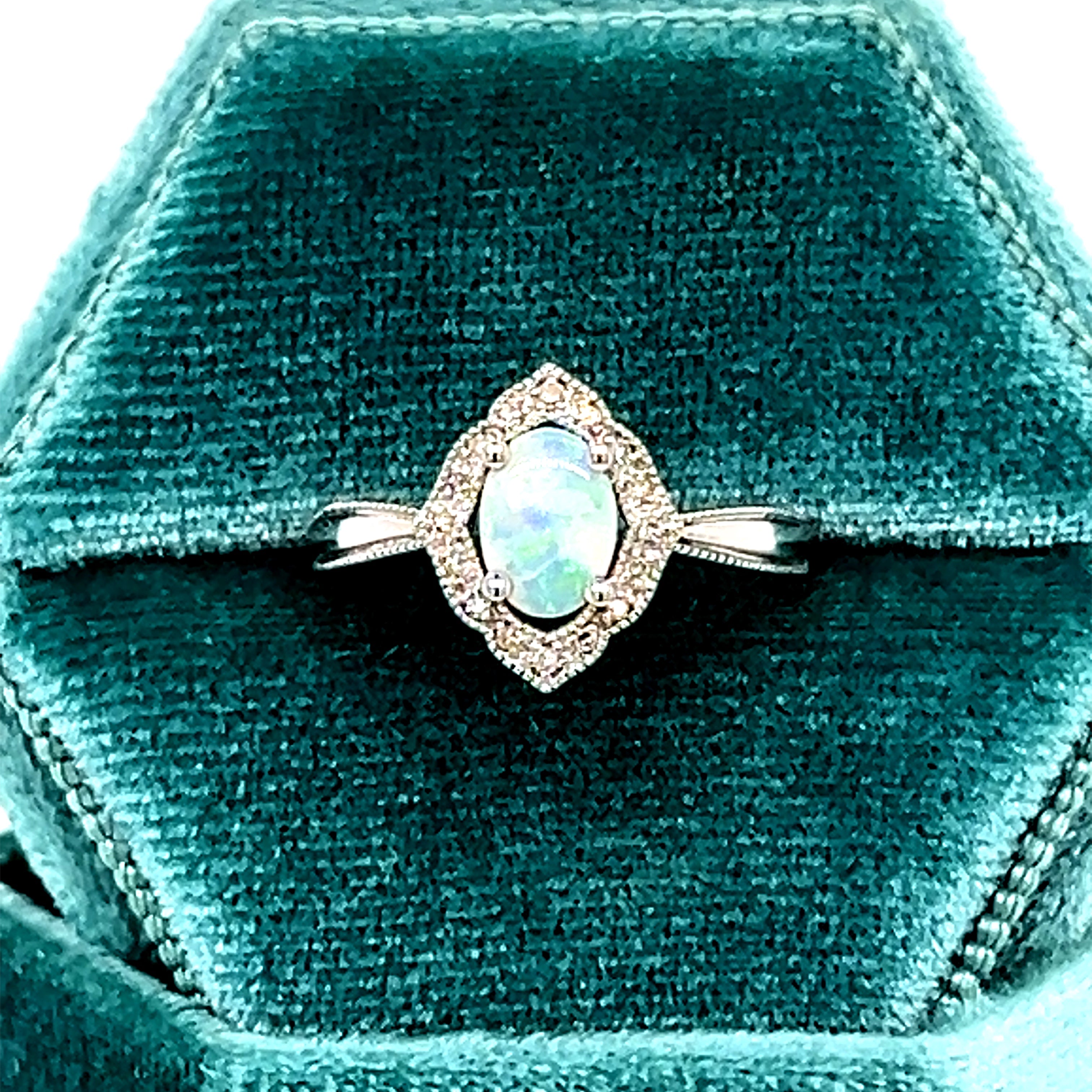 14K White Gold Opal and 0.10 Carat Total Weight Diamond Ring