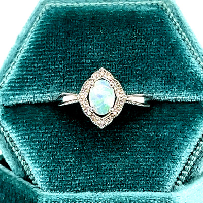 14K White Gold Opal and 0.10 Carat Total Weight Diamond Ring