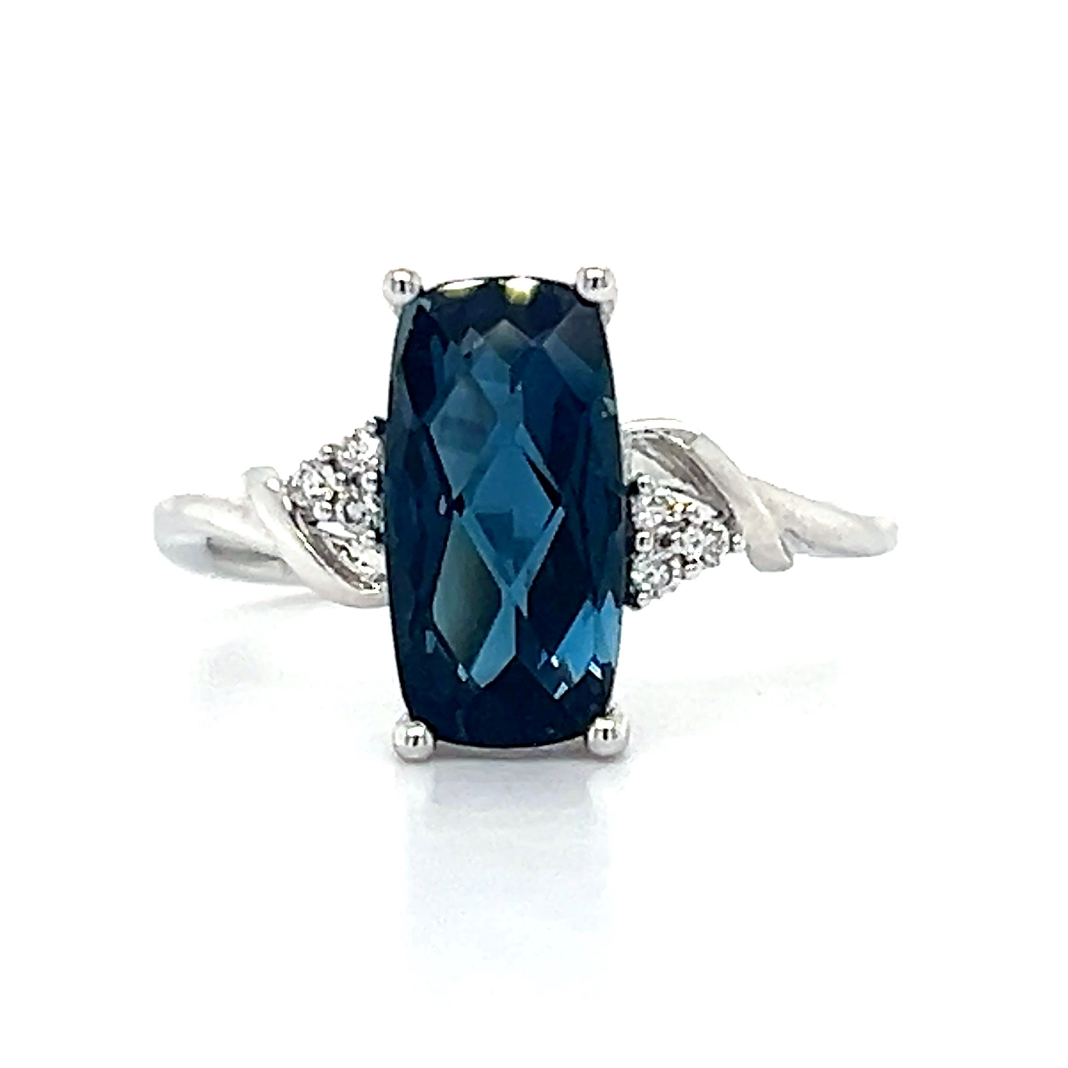 14K White Gold Antique Cushion Cut London Blue Topaz .06 Carat Total Weight Diamond Ring