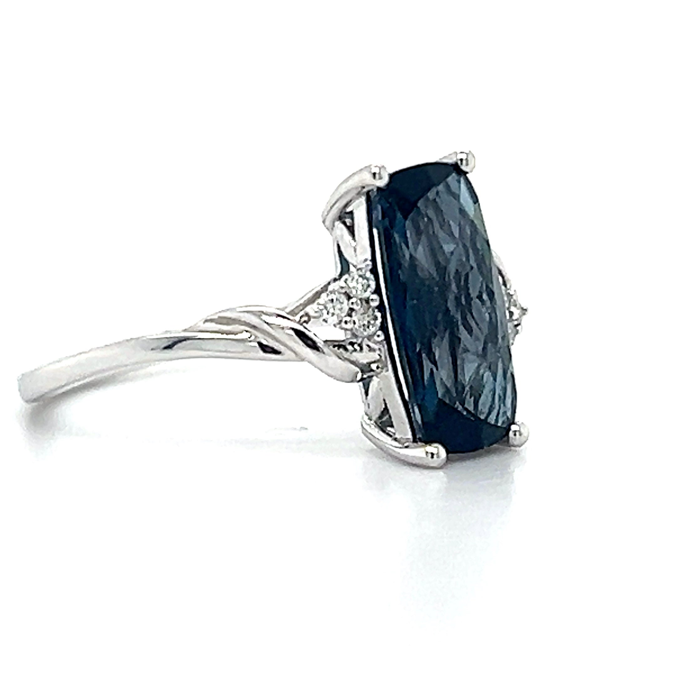 14K White Gold Antique Cushion Cut London Blue Topaz .06 Carat Total Weight Diamond Ring