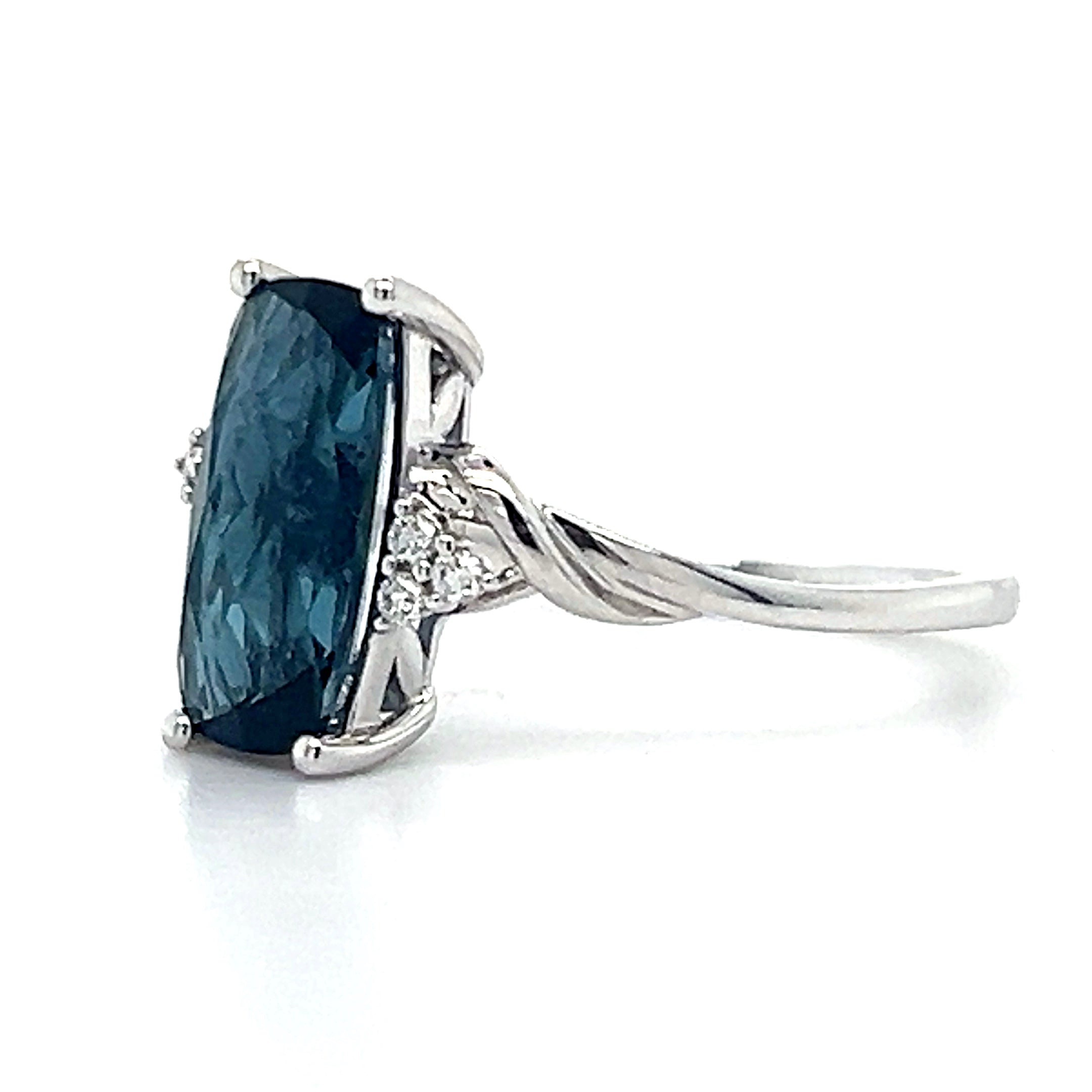 14K White Gold Antique Cushion Cut London Blue Topaz .06 Carat Total Weight Diamond Ring