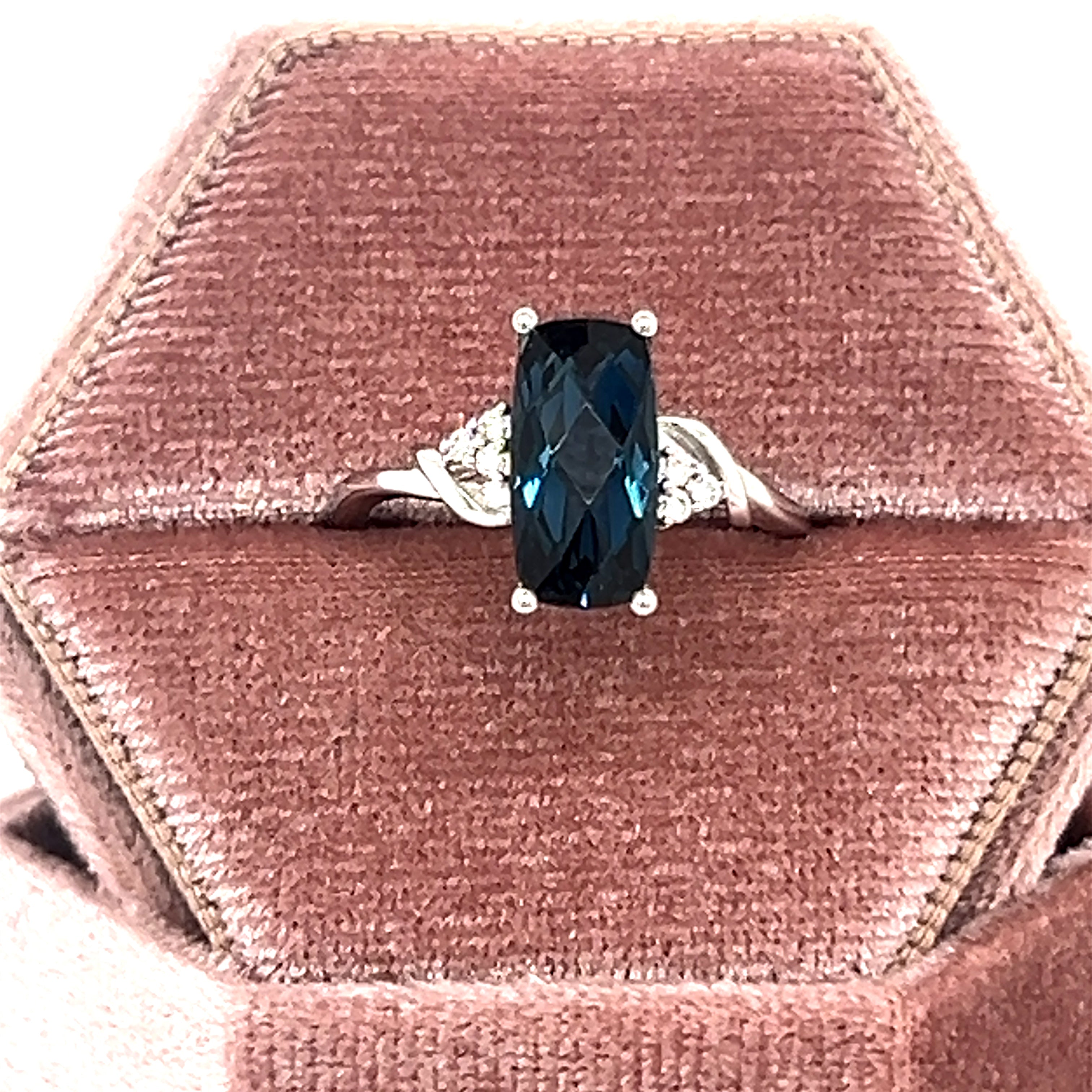 14K White Gold Antique Cushion Cut London Blue Topaz .06 Carat Total Weight Diamond Ring