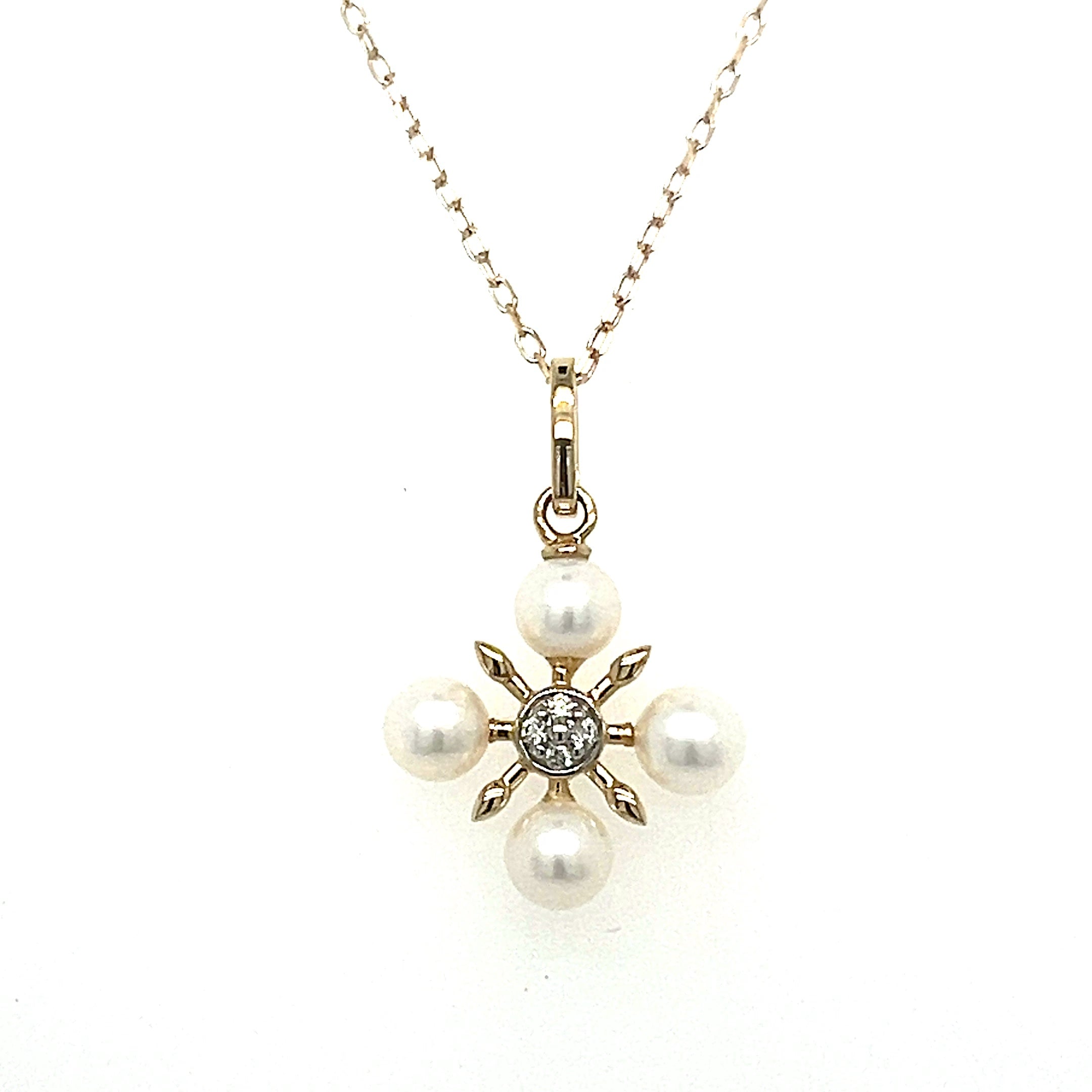 10K Yellow Gold 4 Pearl and Diamond Snowflake Pendant Necklace