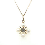 10K Yellow Gold 4 Pearl and Diamond Snowflake Pendant Necklace