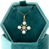 10K Yellow Gold 4 Pearl and Diamond Snowflake Pendant Necklace