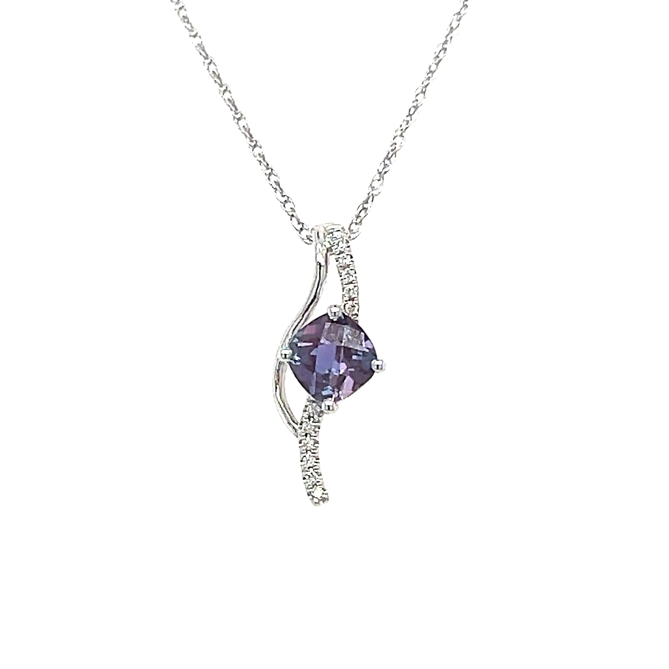 14K White Gold  6x6 .80CT Cushion Cut Created Alexandrite & .033 Carat Total Weight Diamond Pendant