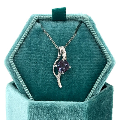 14K White Gold  6x6 .80CT Cushion Cut Created Alexandrite & .033 Carat Total Weight Diamond Pendant