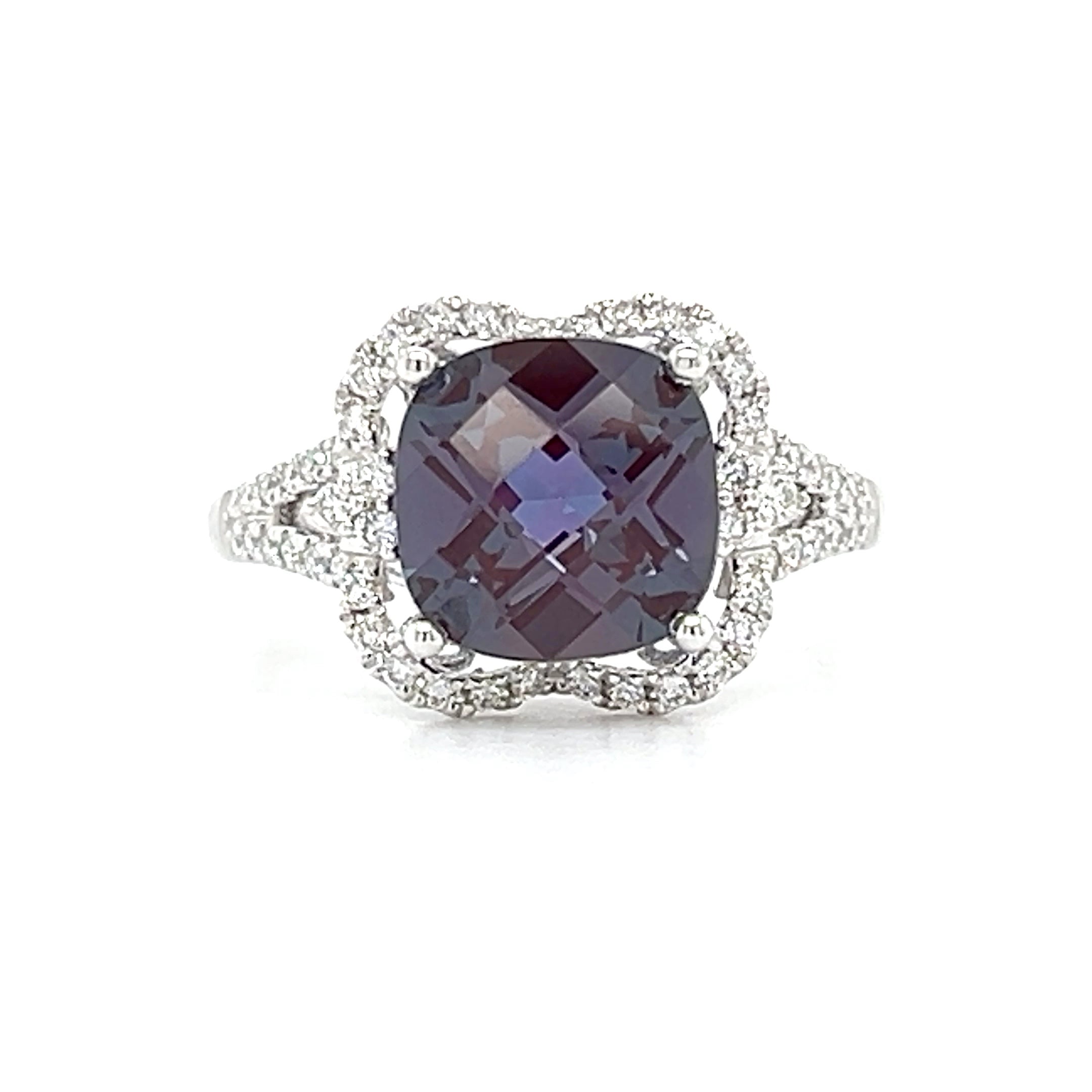 14K White Gold 3.50CT Cushion Cut Created Alexandrite and 0.309 Carat Total Weight (54) Diamond Ring