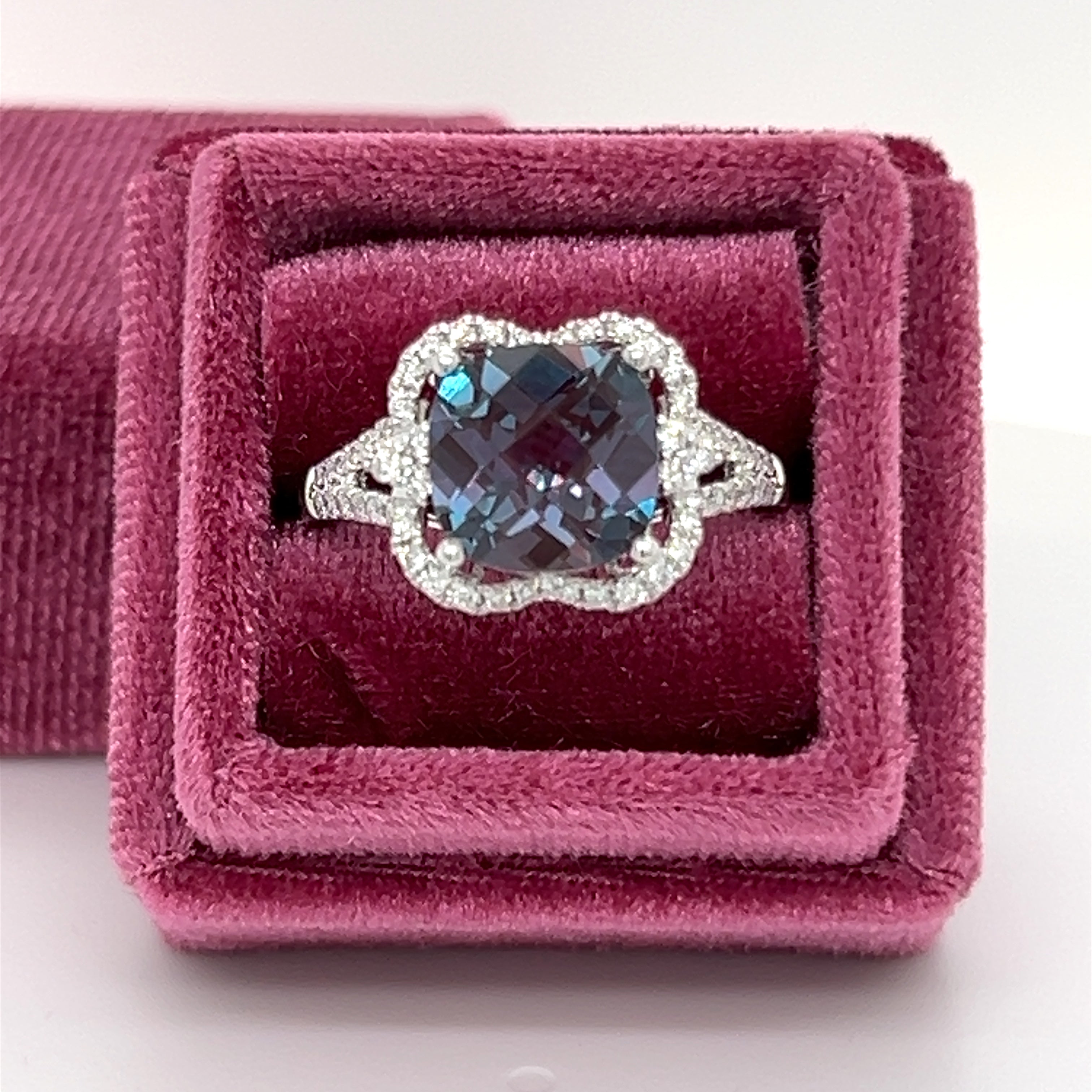 14K White Gold 3.50CT Cushion Cut Created Alexandrite and 0.309 Carat Total Weight (54) Diamond Ring