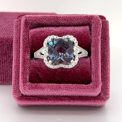 14K White Gold 3.50CT Cushion Cut Created Alexandrite and 0.309 Carat Total Weight (54) Diamond Ring