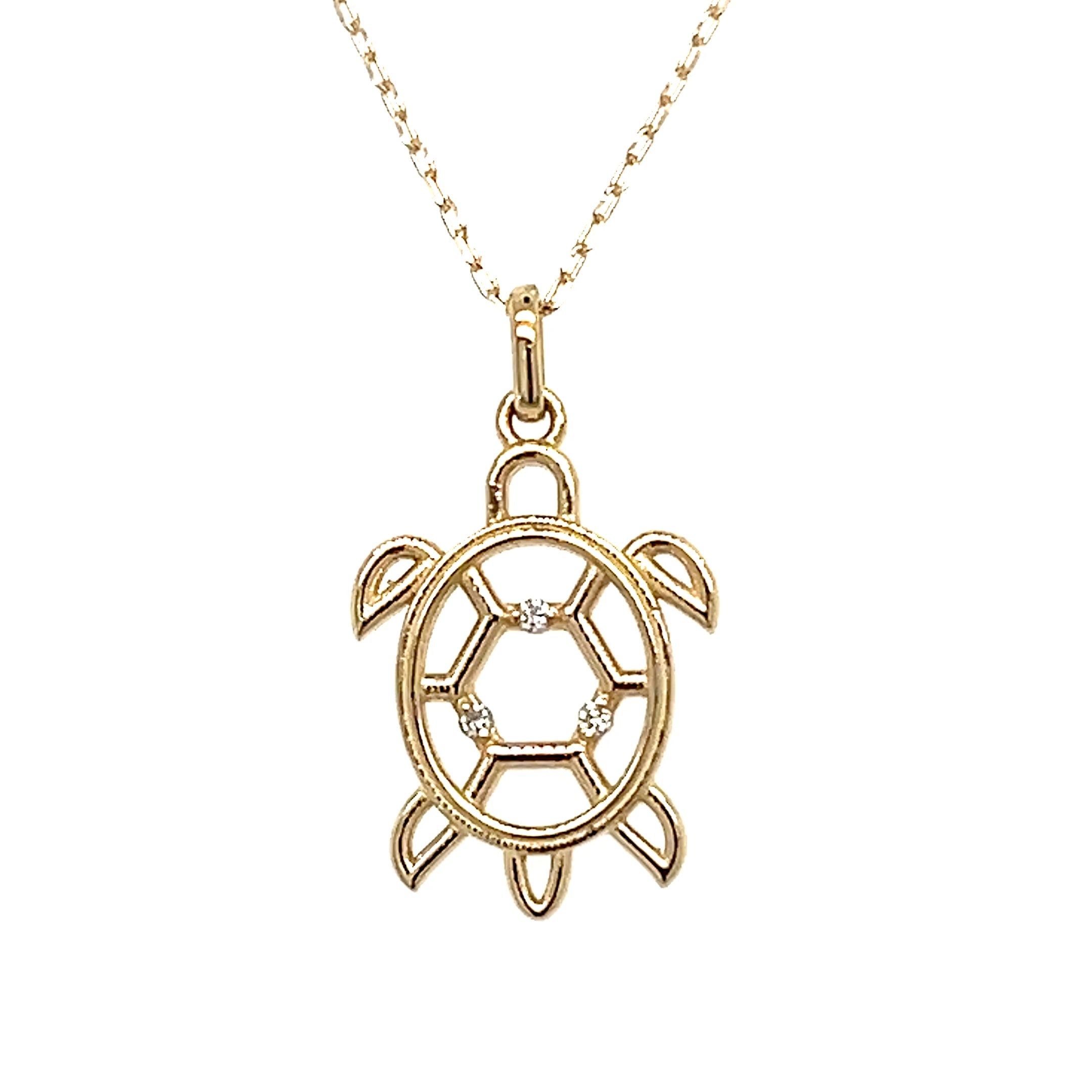14K Yellow Gold .02 Carat Total Weight Diamond Sea Turtle Pendant