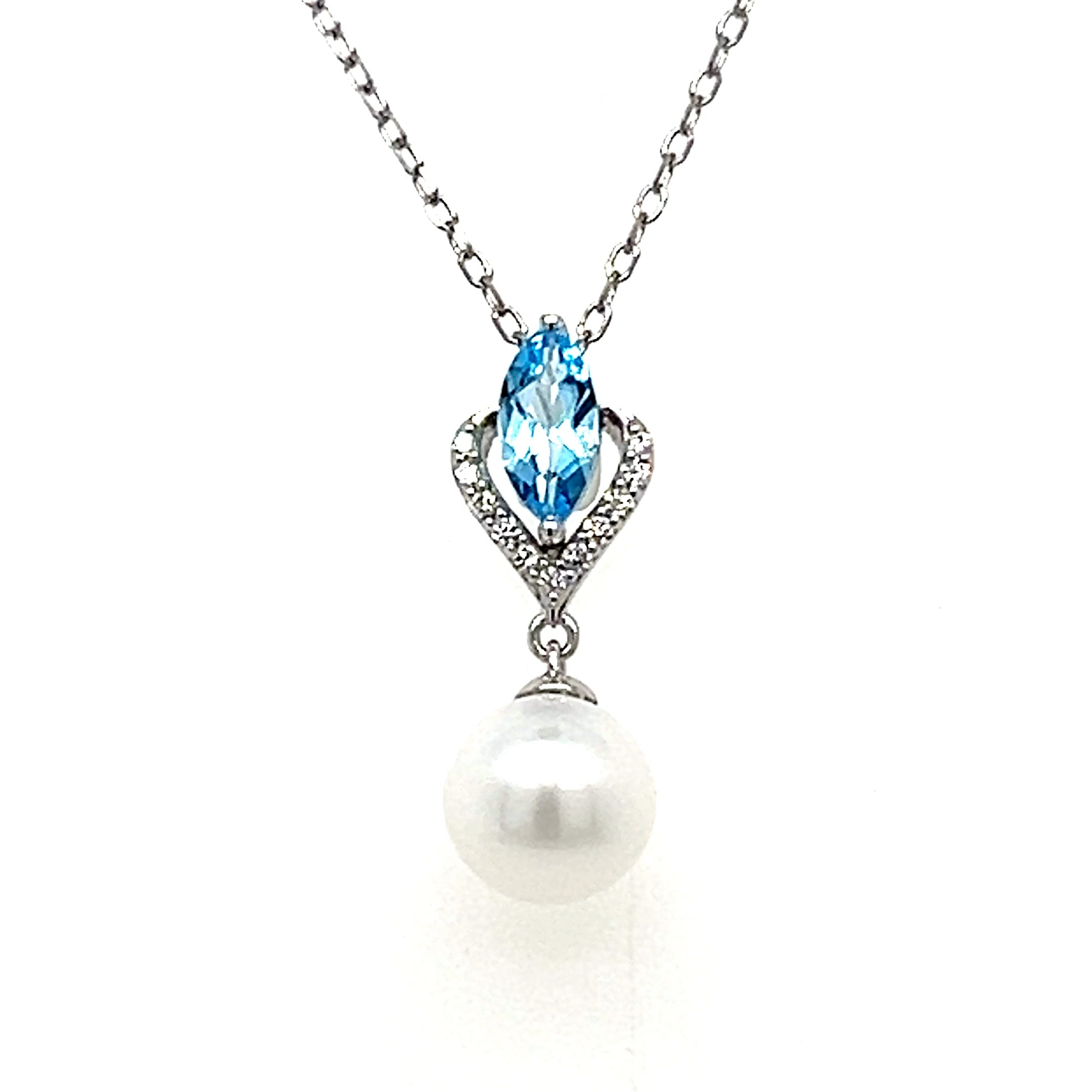 10K White Gold Pearl, Blue Topaz and .05 Carat Total Weight Diamond Pendant