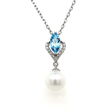 10K White Gold Pearl, Blue Topaz and .05 Carat Total Weight Diamond Pendant