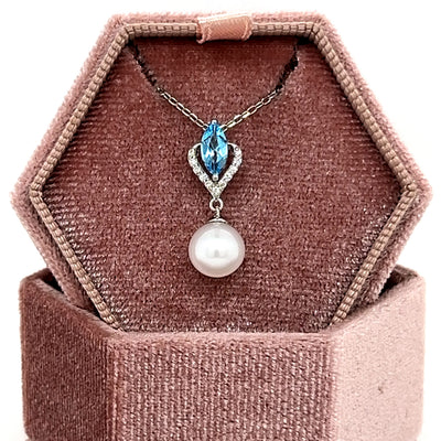10K White Gold Pearl, Blue Topaz and .05 Carat Total Weight Diamond Pendant