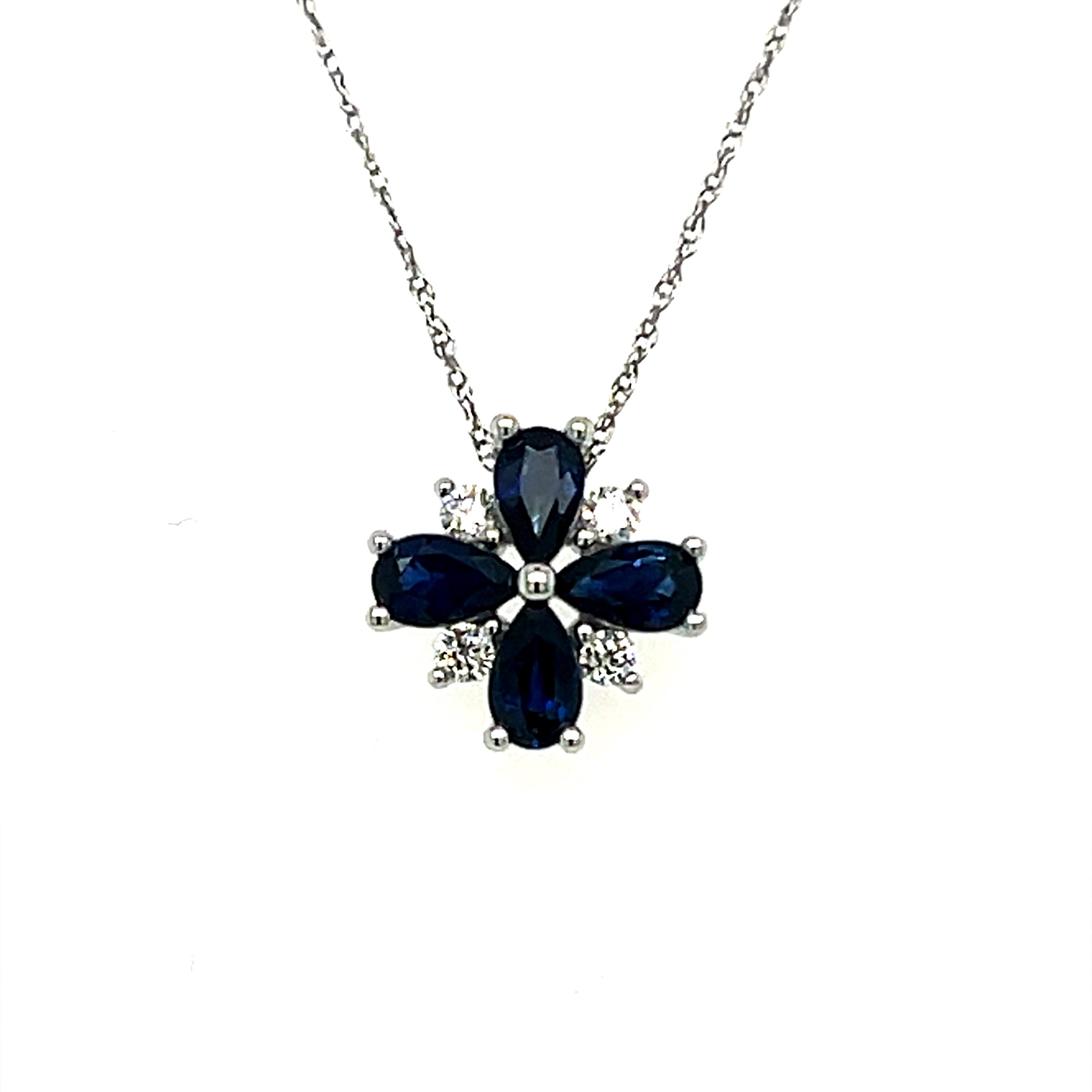 14K White Gold .98 Total Gem Weight (4) Sapphire and .11 Carat Total Weight (4) Diamond Pendant
