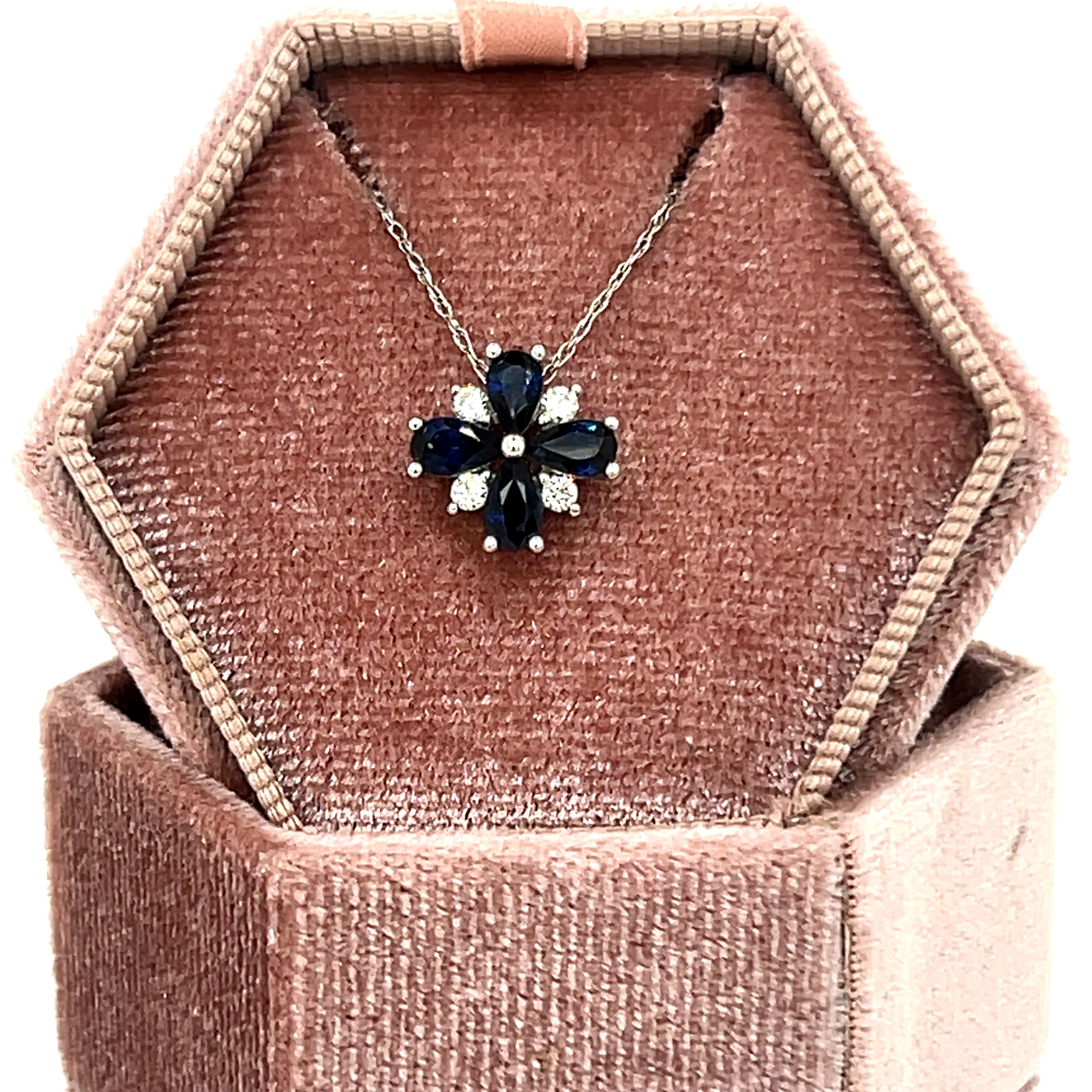 14K White Gold .98 Total Gem Weight (4) Sapphire and .11 Carat Total Weight (4) Diamond Pendant