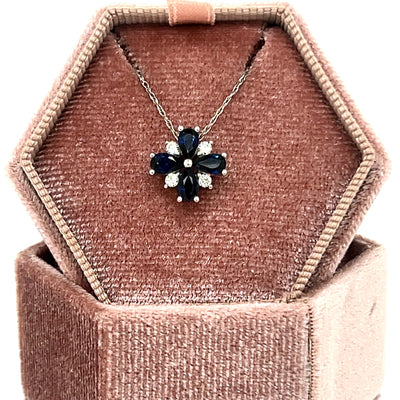 14K White Gold .98 Total Gem Weight (4) Sapphire and .11 Carat Total Weight (4) Diamond Pendant
