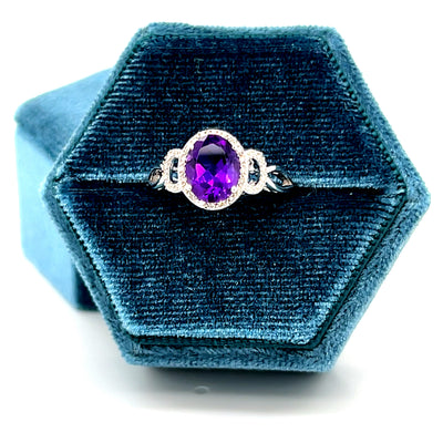 10K White Gold 9x7mm Oval Amethyst and 32 Diamond Ring