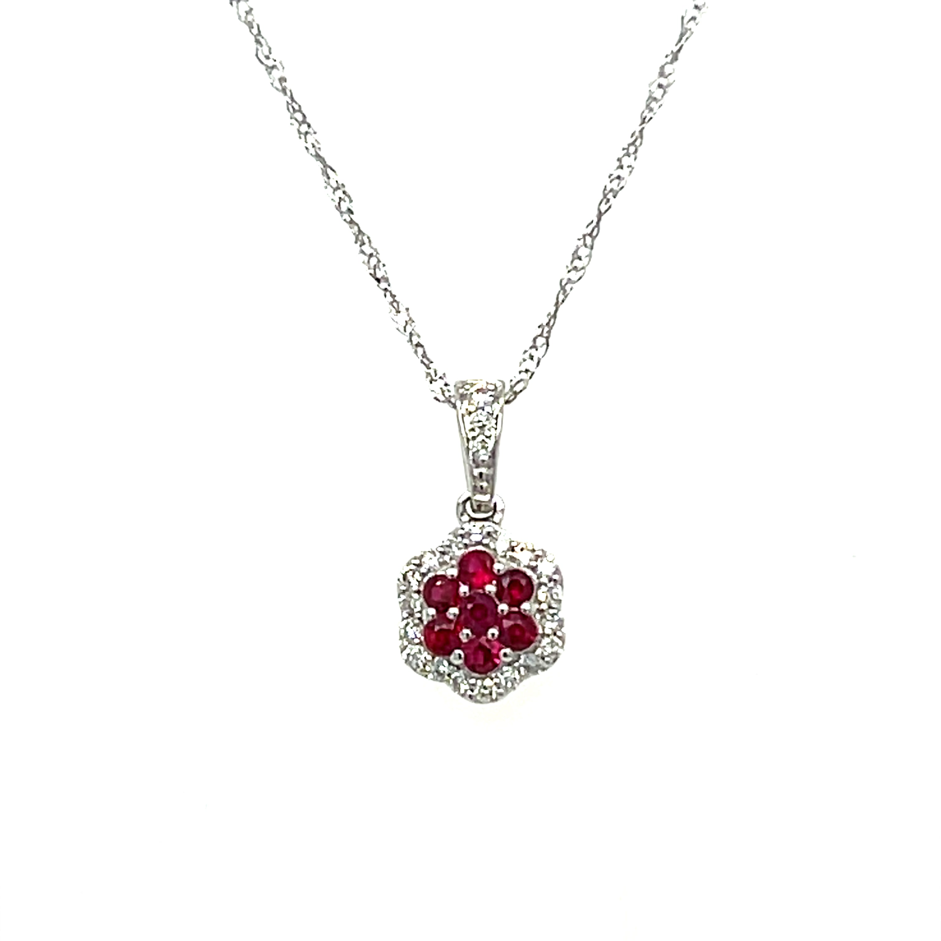 14K White Gold 1/5CT Ruby and 1/8 Carat Total Weight (21Brilliant) Diamond Pendant