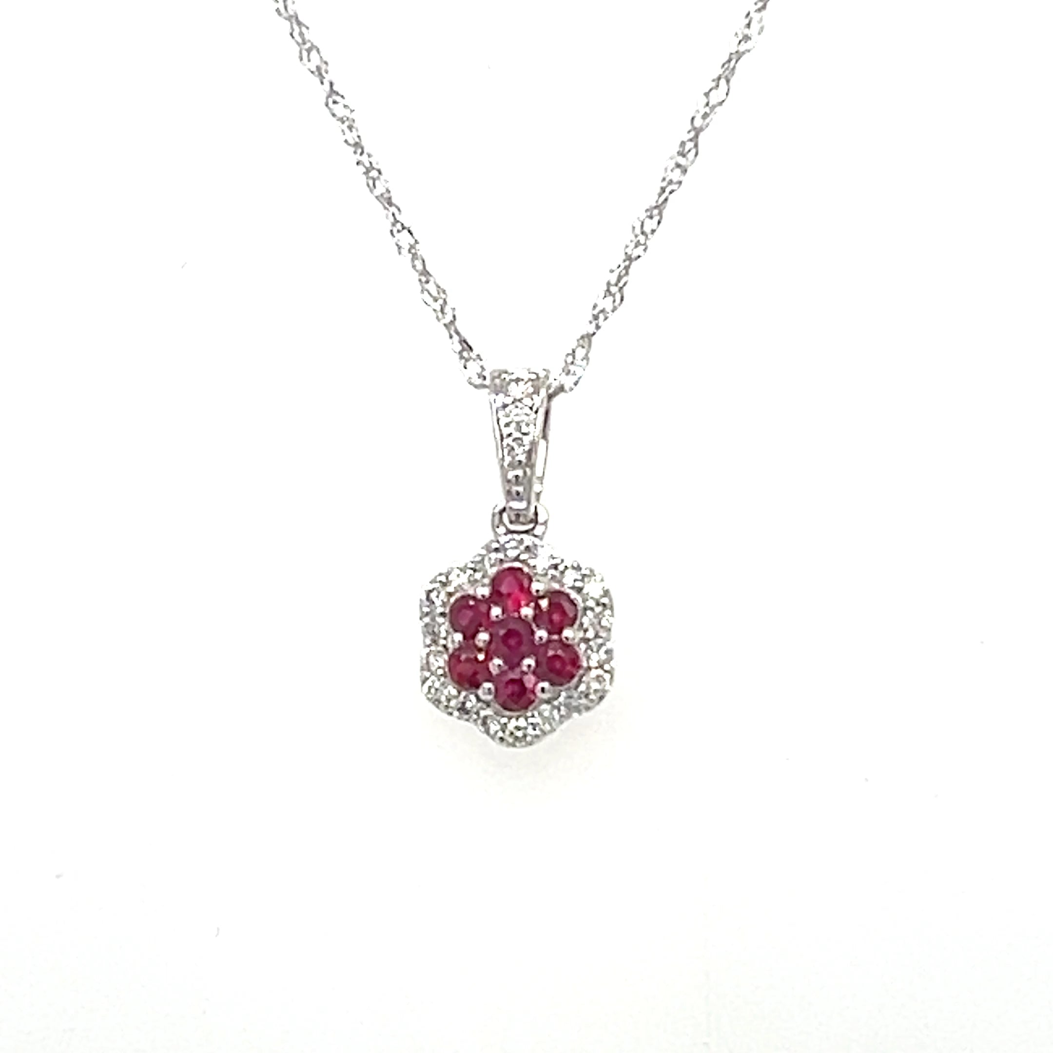 14K White Gold 1/5CT Ruby and 1/8 Carat Total Weight (21Brilliant) Diamond Pendant