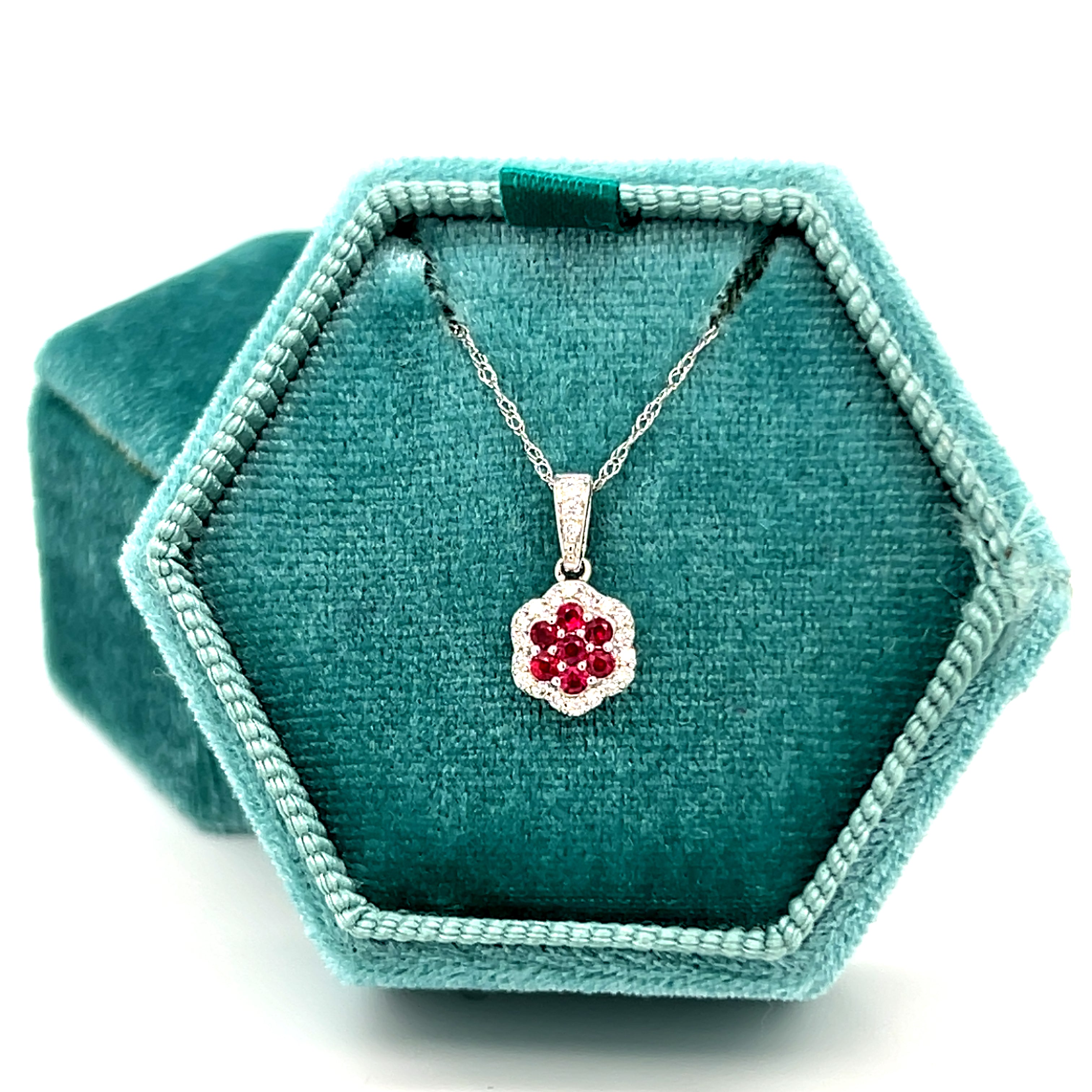 14K White Gold 1/5CT Ruby and 1/8 Carat Total Weight (21Brilliant) Diamond Pendant