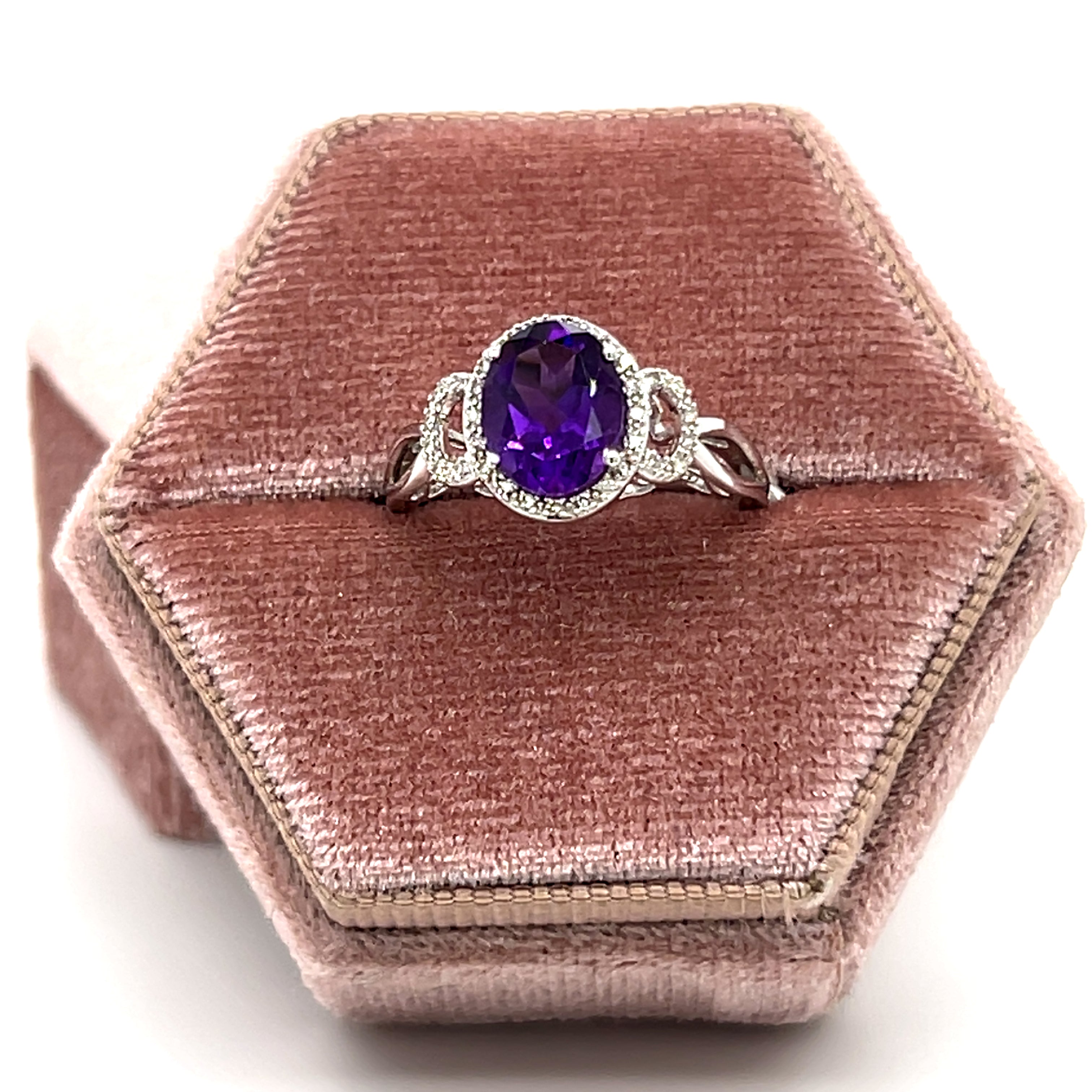 10K White Gold 9x7mm Oval Amethyst and 32 Diamond Ring