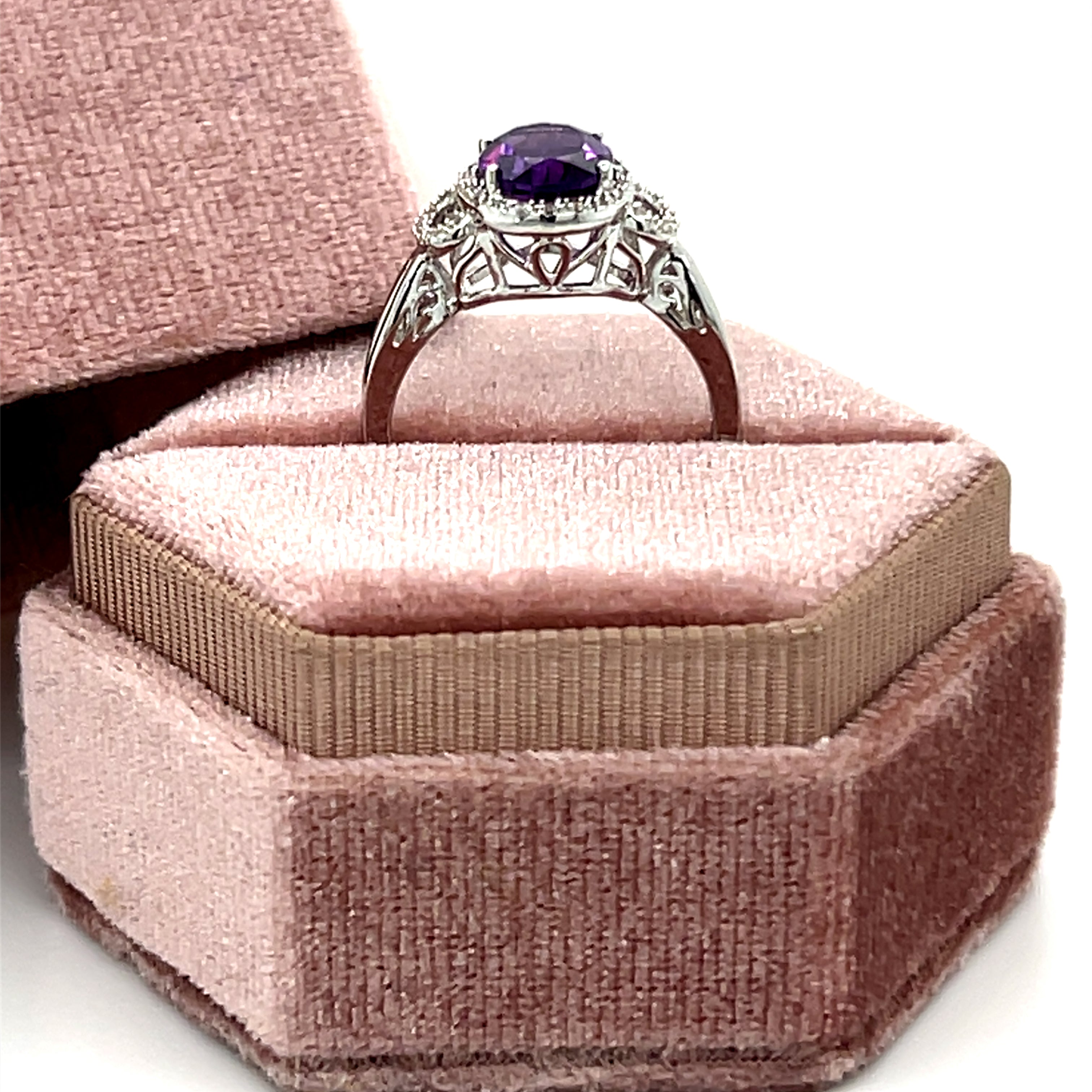 10K White Gold 9x7mm Oval Amethyst and 32 Diamond Ring