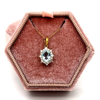 10K Yellow Gold 7X5 Oval Aquamarine and 1/5 Carat Total Weight Diamond Necklace