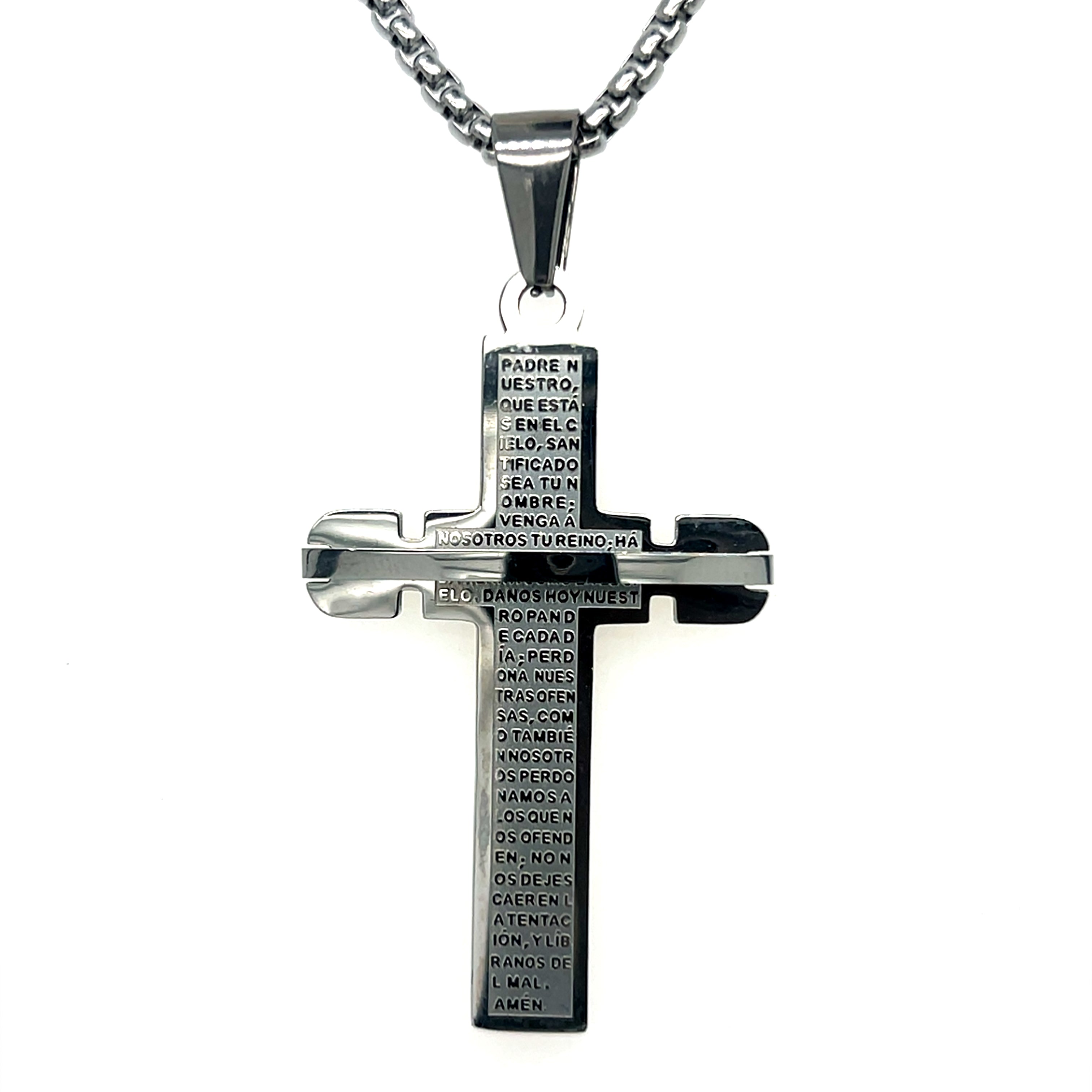 Stainless Steel Cross Necklace with The Lord's Prayer in Spanish