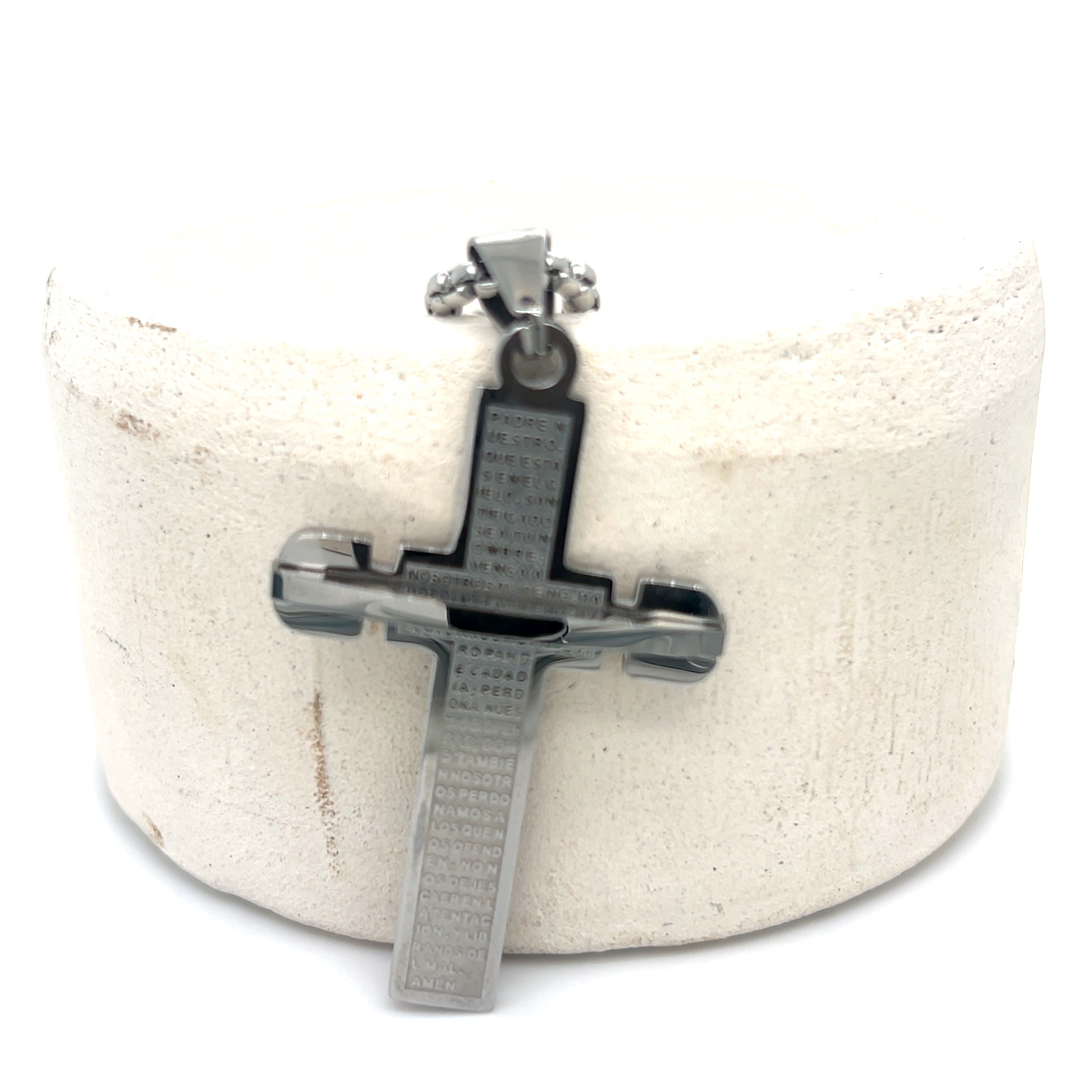 Stainless Steel Cross Necklace with The Lord's Prayer in Spanish