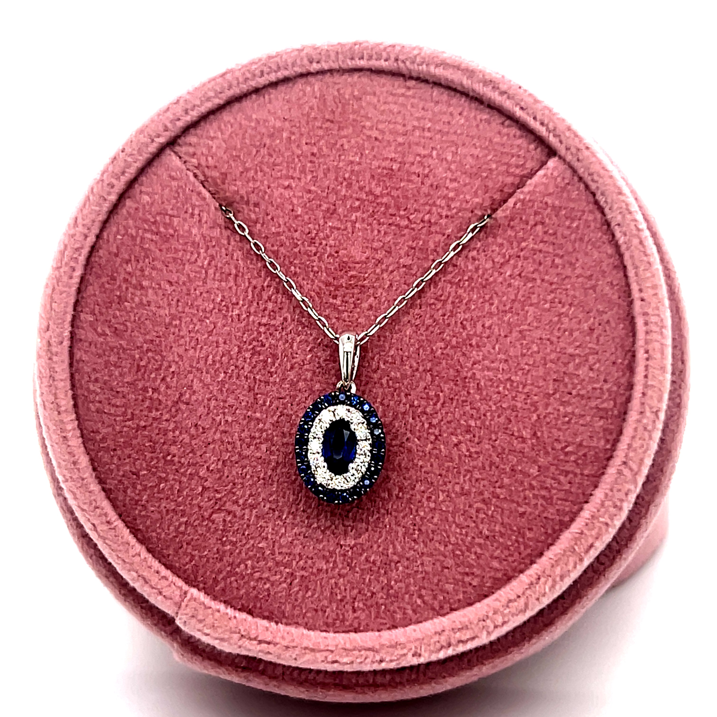 10K White Gold Oval and Round Sapphire and Diamond Halo Necklace