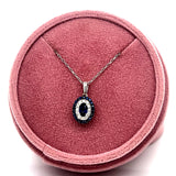 10K White Gold Oval and Round Sapphire and Diamond Halo Necklace