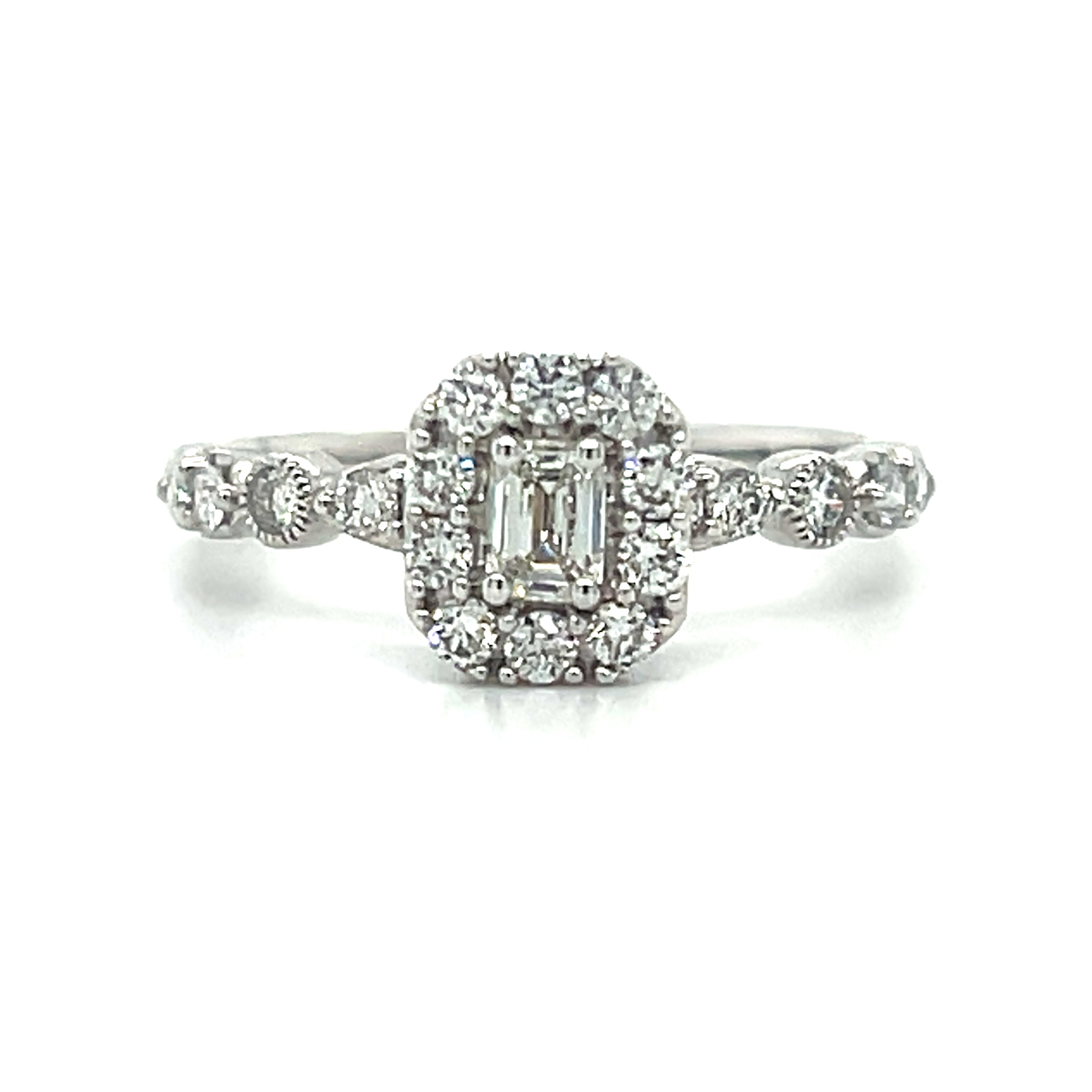 14K White Gold 3/4 Carat Total Weight Round and Emerald Cut Diamond Engagement Ring