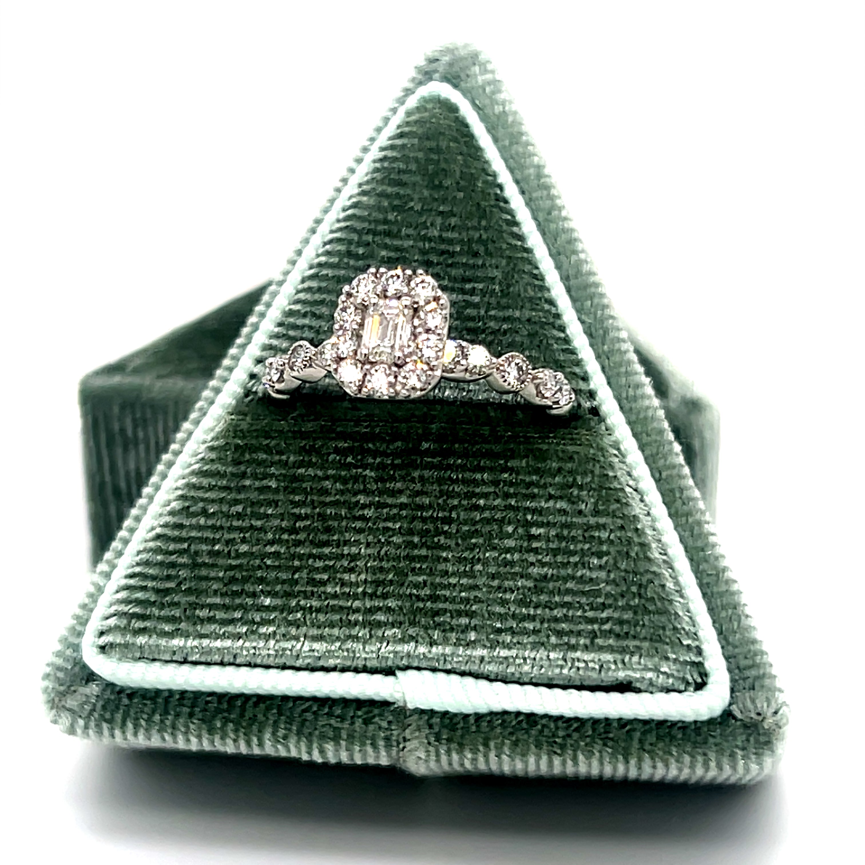 14K White Gold 3/4 Carat Total Weight Round and Emerald Cut Diamond Engagement Ring