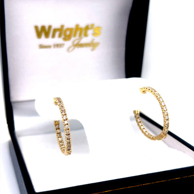 14K Yellow Gold 23mm .97 Carat Total Weight Diamond  Inside Outside Hoop Earrings