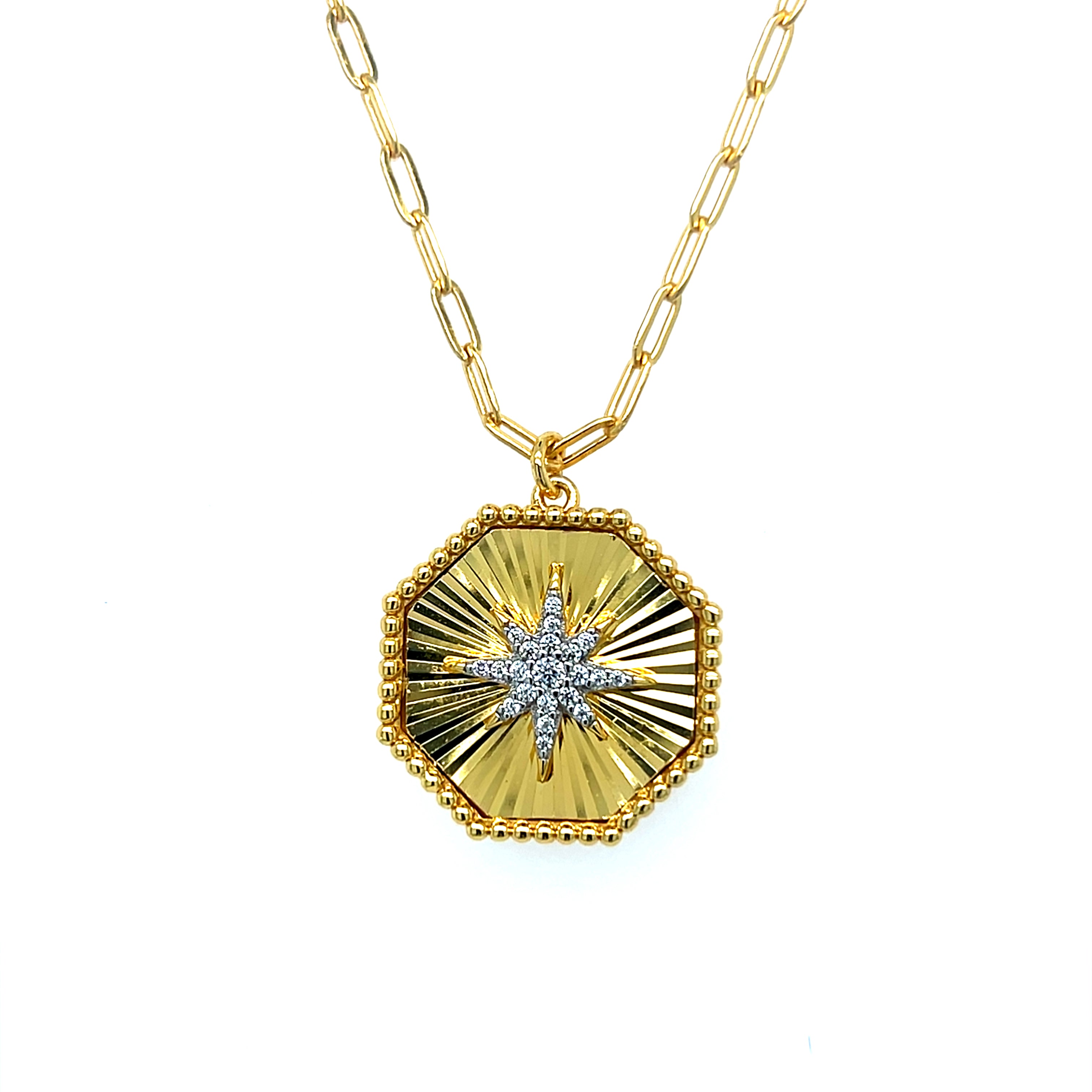 Sterling Silver Gold Plated North Star Cubic Zirconia Octagon Necklace 16+2"